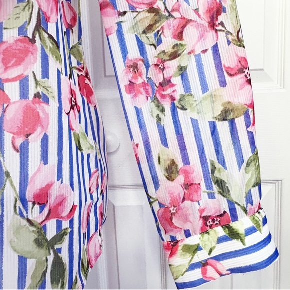 Talbots Sheer Floral Blue Stripe Print Long Sleeve Button Down Shirt XL - Picture 9 of 16